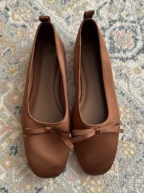 H&M Satin Brown Ballet Flats with Bow Detail